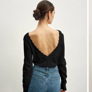 Commense Black Scalloped Deep V-Back Sweater